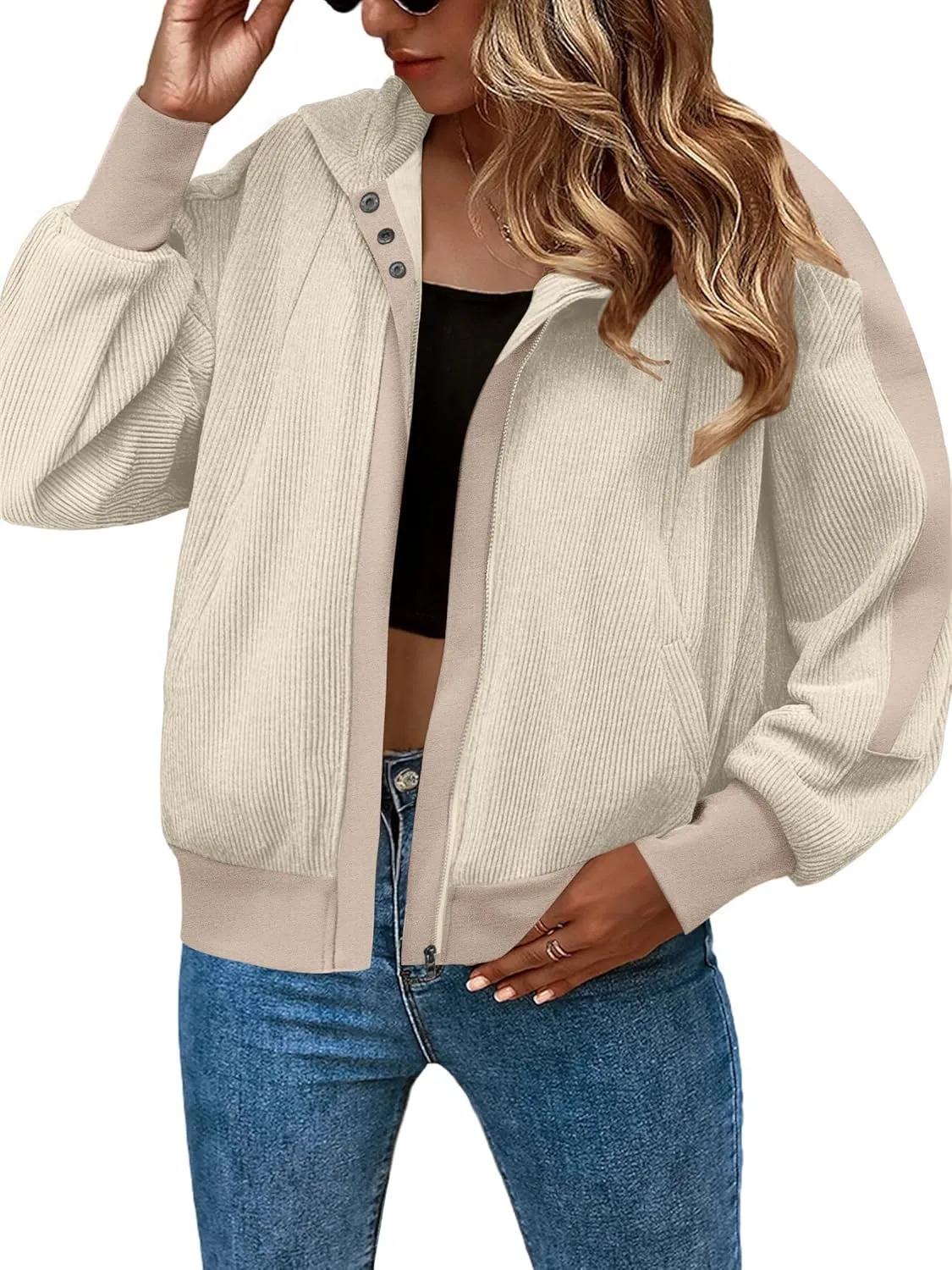 Zeagoo Womens Corduroy Knit Hoodies Zip Up Shirt Jacket Slouchy Short Jackets Casual Long Sleeve Shackets
