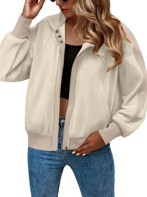 Zeagoo Womens Corduroy Knit Hoodies Zip Up Shirt Jacket Slouchy Short Jackets Casual Long Sleeve Shackets