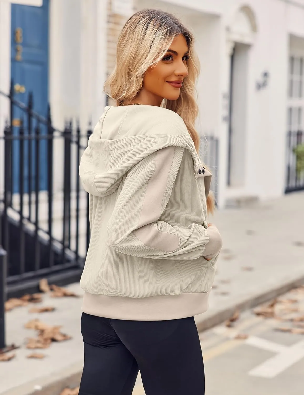 Zeagoo Womens Corduroy Knit Hoodies Zip Up Shirt Jacket Slouchy Short Jackets Casual Long Sleeve Shackets