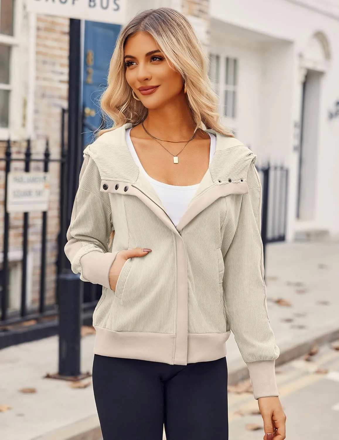 Zeagoo Womens Corduroy Knit Hoodies Zip Up Shirt Jacket Slouchy Short Jackets Casual Long Sleeve Shackets